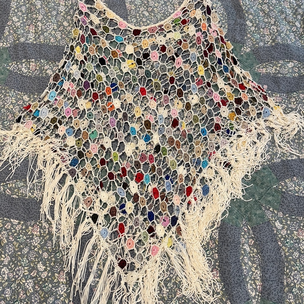 Vintage 1980’s Colorful Crochet Poncho with Fringe